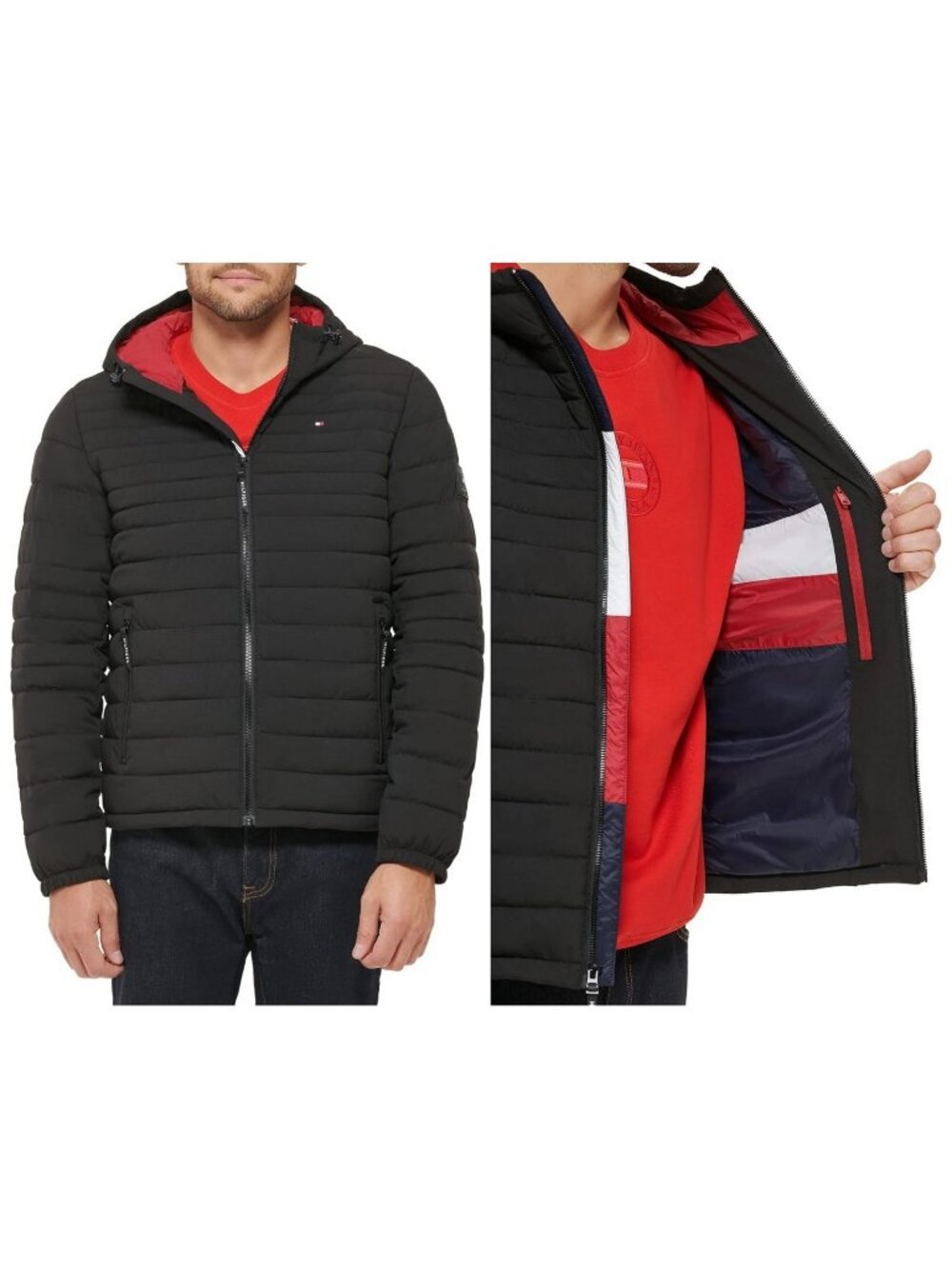 Tommy Hilfiger Puffer Jacket Stretch Quilted Hooded Packable Black Large - NEW